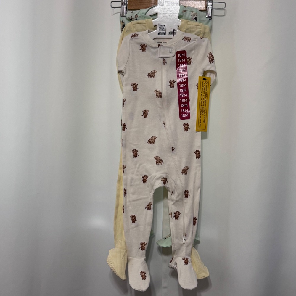 Member's Mark Baby 18M Organic Cotton Sleep & Play 3 Pack Farm Cow Pajamas